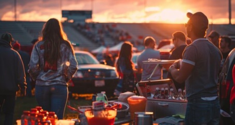 A tailgate party at sunset